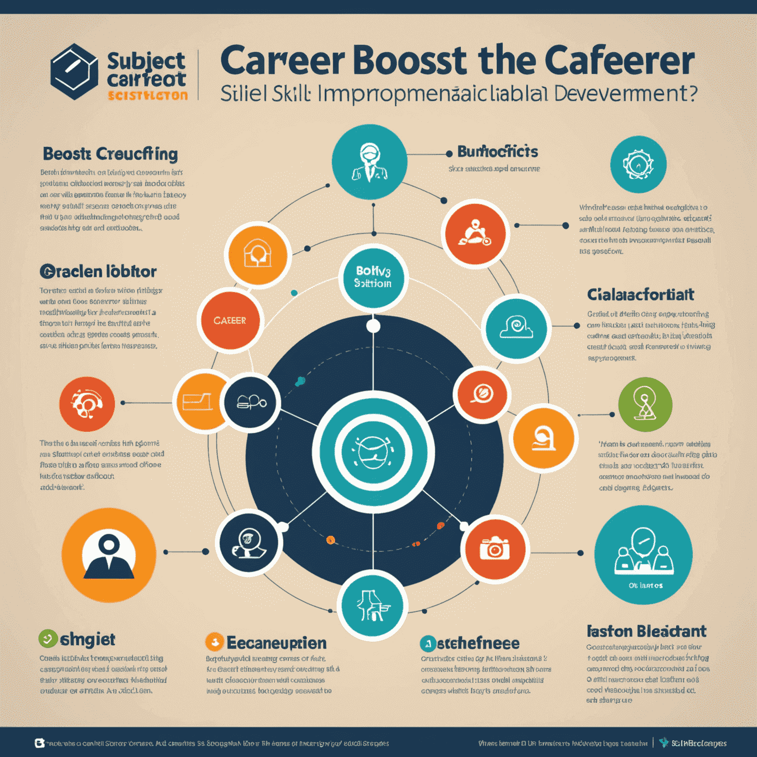 Infografika przedstawiająca korzyści z korzystania z platformy career-boost9, w tym wzrost umiejętności, rozwój kariery i networking