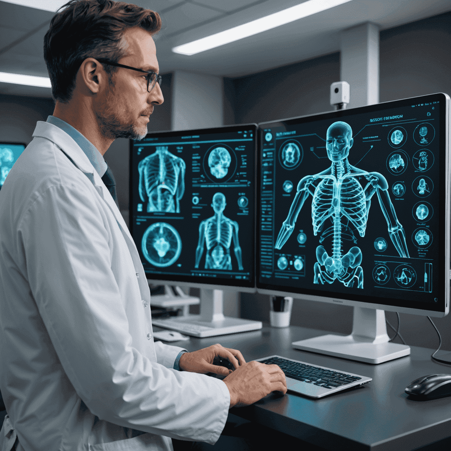 Lekarz analizujący wyniki badań pacjenta na holograficznym ekranie z asystą AI